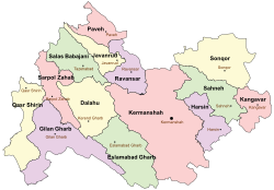Location of Javanrud County in Kermanshah province (top left, yellow)