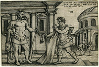 Lichas bringing the garment of Nessus to Hercules, engraving of Hans Sebald Beham for the "Labors of Hercules" (1542–1548)