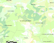 Carte élémentaire montrant les limites de la commune, les communes voisines, les zones de végétation et les routes