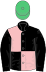 Black and pink (quartered), black sleeves, emerald green cap