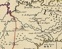 Carte de l'isthme de Panama de 1702 - Morgan et ses hommes sont allés du « Chagre cast » (situé en haut) longés la « Chagre Riv » et arrivés à « Old Panama » (en bas)