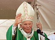 Pope John Paul II holding the ferula of Pope Paul VI,[1] on 5 October 1997