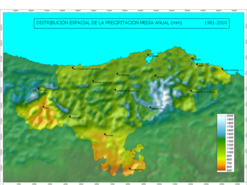 Distribuição espacial da precipitação média anual na Cantábria