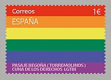 6-coloured stamp with the text "Correos España" in the top left, "Pasaje Begoña (Torremolinos) Cuna de los derechos LGBTI" in the bottom left, and "€1" in the top right