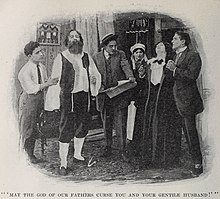 Rabbi Isaac cursing Leah Isaac and Rupert Julian, as depicted in the 1914 novelization
