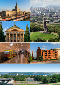 Anti-Clockwise: the یادمان مام میهن فرامی‌خواند، the railway station, Planetarium, The Metrotram, Panorama of the City, Gerhardt Mill, Mamayev Kurgan