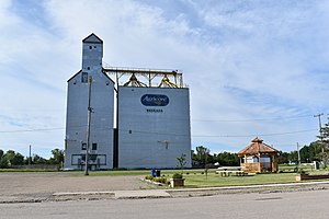 The grain elevator and park in Waskada.