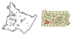 Location of Delmont in Westmoreland County, Pennsylvania (left) and of Westmoreland County in Pennsylvania (right)