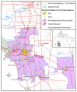 Map of southern and central Alberta showing those rivers that flooded and those municipalities and Indian reserves that declared states of local emergency and their affected unincorporated communities