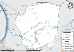 Carte en couleur présentant le réseau hydrographique de la commune