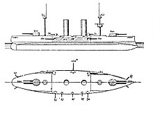 A black and white design drawing of a ship, with a top-down view and one from the side.