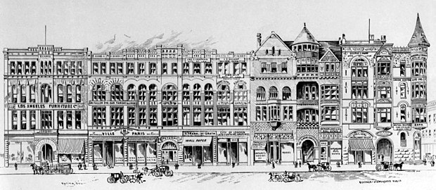 West side of Broadway from #229 (at left) to #207 (at right, SW corner of 2nd St.) sometime after 1894. From left to right: Bicknell Block with the Los Angeles Furniture Co.; Potomac Block with Ville de Paris and City of London stores, the YMCA building with its turret and two gables, and the American National Bank building.
