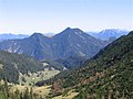 Großer Traithen, links neben dem Fellalmsattel der Kleine Traithen, noch weiter links der Vogelsang, rechts im Hintergrund das Kaisergebirge, im Vordergrund die Soinalm