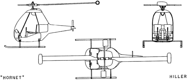 3-view line drawing of the Hiller YH-32 Hornet