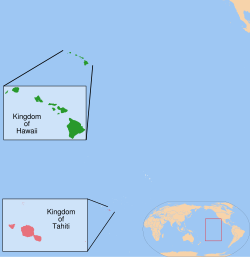 Map indicating locations of Kingdom of Hawaii and Kingdom of Tahiti