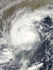 A satellite image of Severe Cyclonic Storm Laila (01B) at peak intensity off the coast of India on 19 May