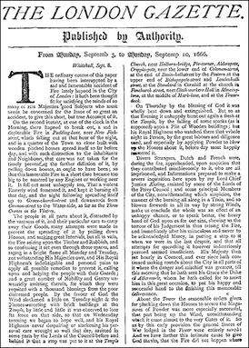 Первая полоса номера от 3—10 сентября 1666 года. Заметка сообщает о грандиозном пожаре в Лондоне