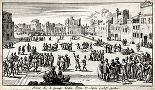 Manière dont les prisonniers chrétiens sont vendus comme esclaves au marché d'Alger. Gravure de 1684.