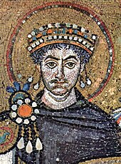Mosaic of mustachioed, curly-haired man wearing crown and surrounded by halo