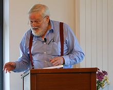Longley reading his poetry at the Corrymeela Peace Centre near Ballycastle, County Antrim, July 2012