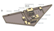 Diagram of terrorist Osama Bin Laden's compound. Contains one large three-story building and several smaller outbuildings. There are large yards on the right and left. Everything is surrounded by a high concrete wall. There are internal walls separating some courtyards for defensive purposes.