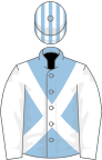 Light Blue, White cross belts and sleeves, White and Light Blue striped cap