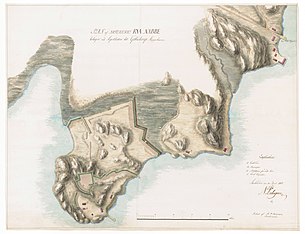 Hand drawn map from 1811 of the batteries on Rya Nabbe.