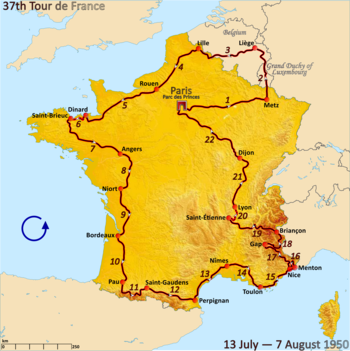 Route of the 1950 Tour de France followed counterclockwise, starting and finishing in Paris