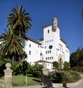 Photograph of the gardens and Spanish colonial façade of the Santa Barbara County Courthouse