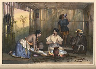 Las Tortilleras (Les faiseuses de tortillas). Lithographie colorée à la main, Mexique, début du XIXe siècle