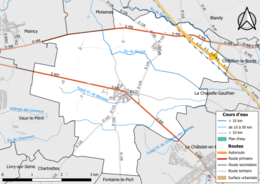 Carte en couleur présentant le réseau hydrographique de la commune