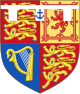 Quarterly, 1st and 4th Gules three lions passant guardant in pale Or armed and langued Azure (for England), 2nd quarter Or a lion rampant within a double tressure flory-counter-flory Gules (for Scotland), 3rd quarter Azure a harp Or stringed Argent (for Ireland), with over all a label of three points Argent the central point charged with an Anchor Azure.
