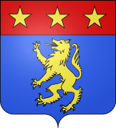 blason d'azur, au loup rampant d'or, au chef cousu de gueules, chargé de trois étoiles d'or