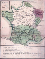 Status of French customs in 1732 roughly clinging to linguistic boundaries; Labourd including Bayonne shows an autonomous fiscal system