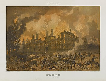Hôtel de ville fire - Lithograph by Léon Sabatier and Albert Adam Paris et ses ruines, 1873 - Bibliothèque historique de la ville de Paris.