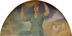 Woman holding grain over her head shaking it so that it is spilling over the side. In background are a rooster and hen.