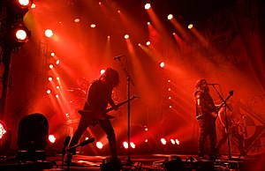 Machine Head performing in La Rochelle, France in 2018. From left to right: Dave McClain, Phil Demmel, Robb Flynn and Jared MacEachern.