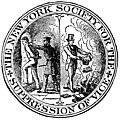 Symbol of New York Society for the Suppression of Vice, advocating book-burning.
