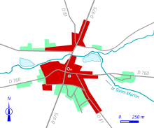 Carte en couleur représentant les étapes de développent du bâti d'un bourg.