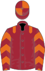 MAROON, orange epaulettes and chevrons on sleeves, quartered cap