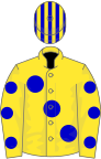 Yellow, large blue spots, spots on sleeves, striped cap