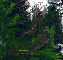 Veduta satellitare annotata che mostra la colata di lava di Ring Creek.