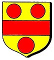 Or, a fess gules, between three torteaux