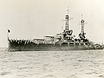 Hyperboloid mast towers were on the USS Oklahoma, at anchor wearing experimental camouflage, circa 1917, prior to refitting in 1927–1929.