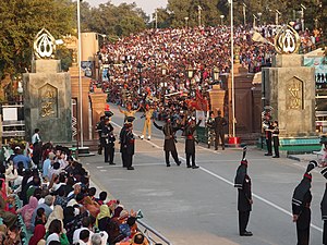 The evening flag lowering ceremony at the India–Pakistan international border near Wagah