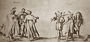 Late-16th-century etching of two groups of three men