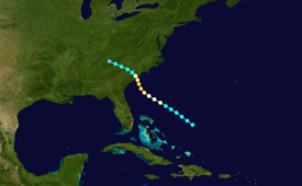 A map of the storm's track near the Southeastern US, featuring the storm taking a southeast to northwestward trajectory