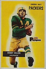 Illustrated photo of Bobby Dillon running with a football in his Packers uniform on a trading card; text on the card says "Green Bay Packers", "Packers", and "Bobby Dillon, Halfback"
