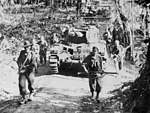 A 2/4th Armoured Regiment Matilda II advancing with Australian infantry on Bougainville in March 1945