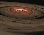 Artist's impression of a circumplanetary disk orbiting a brown dwarf, similar to J1407b